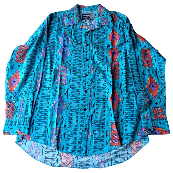 Wrangler Western Shirt Aztec Print Cowboy Cut Long Sleeve Turquoise 17-35 - Picture 1 of 5